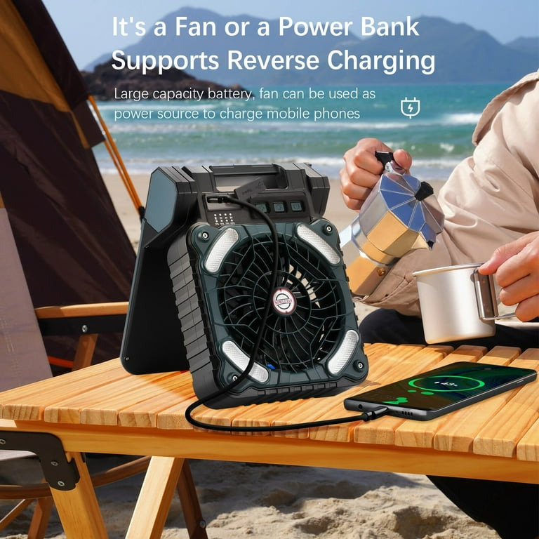 Solar Camping fan 10000mAh Camping Fan with Solar Panel LED Light 4 Speeds USB Rechargeable Solar Powered Fan for Camping Fishing Travel