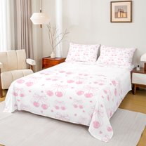 Homewish Cherry Bowknot Child Bed Sheets, White Pink Cartoon King Sheets, Kawaii Princess Ribbon Sheet Set, Breathable Home Decor, 4-Piece
