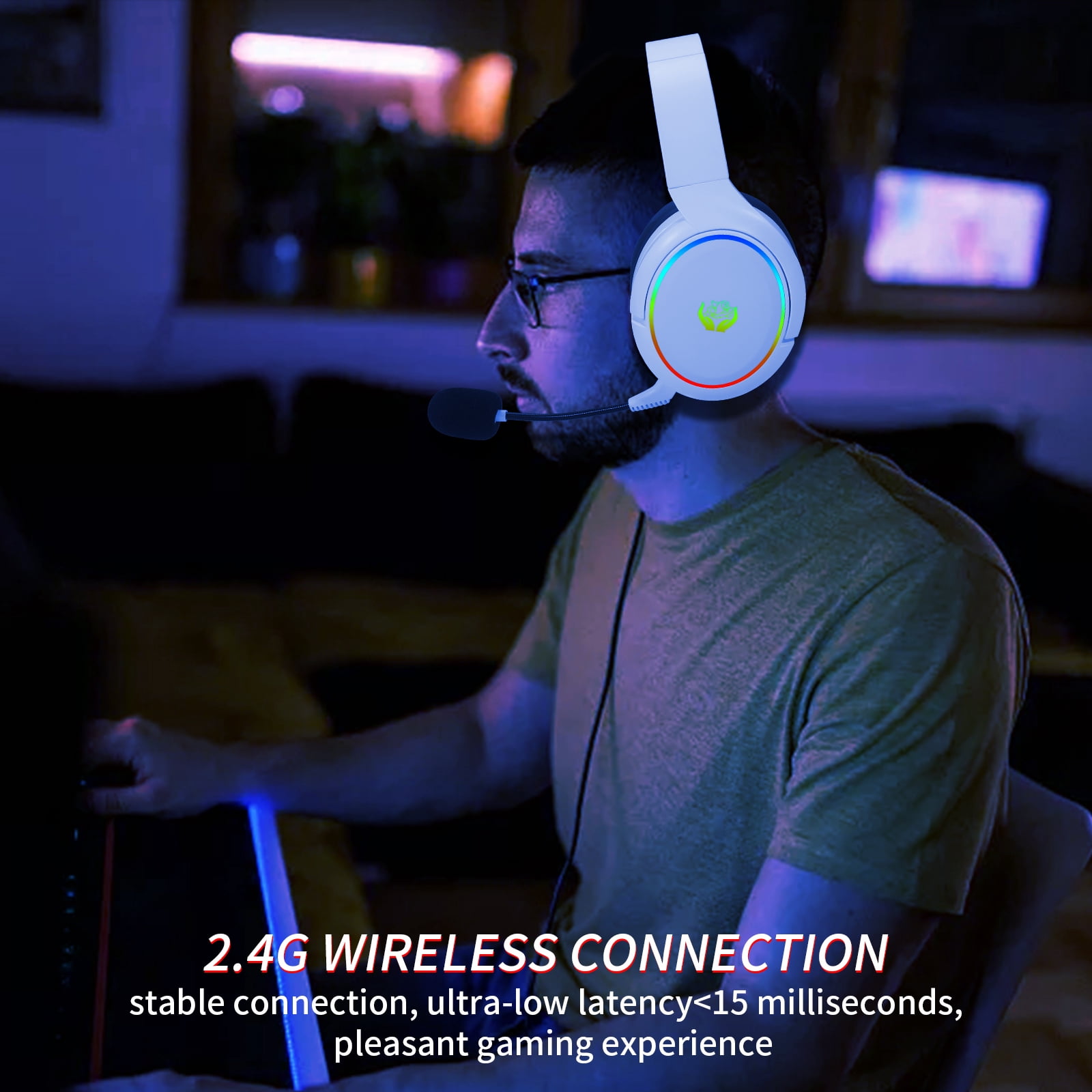 HUO JI 2.4G/Bluetooth Wireless Gaming Headset with Noise Cancelling Microphone, RGB Light, USB-C/USB-A/3.5mm Wired, Stereo Sound, Adjust Headband, Portable Foldable for PC,PS5, PS4, Xbox Series, White