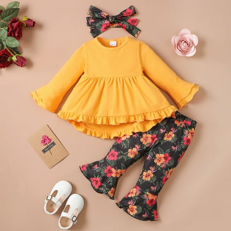 

PatPat 3pcs Baby Girl 95% Cotton Bell Sleeve Ruffle Trim High Low Hem Top and Floral Print Flared Pants & Headband Set