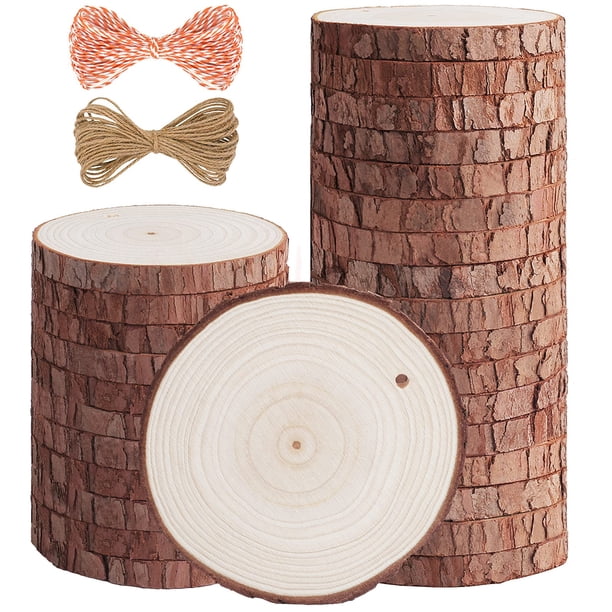 Rodajas de madera natural - 30 piezas Kit de madera sin terminar para manualidades Pretaladrado con agujero Círculos de madera para adornos de madera de arte Manualidades de bricolaje