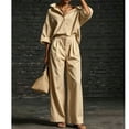 thumbnail image 5 of Gifts YYV Two Piece Sets for Women Casual Two Piece Outfit Oversized Button Down Shirt High Waist Pleated Wide Leg Pants Matching Tracksuit Set Khaki XXXL, 5 of 7