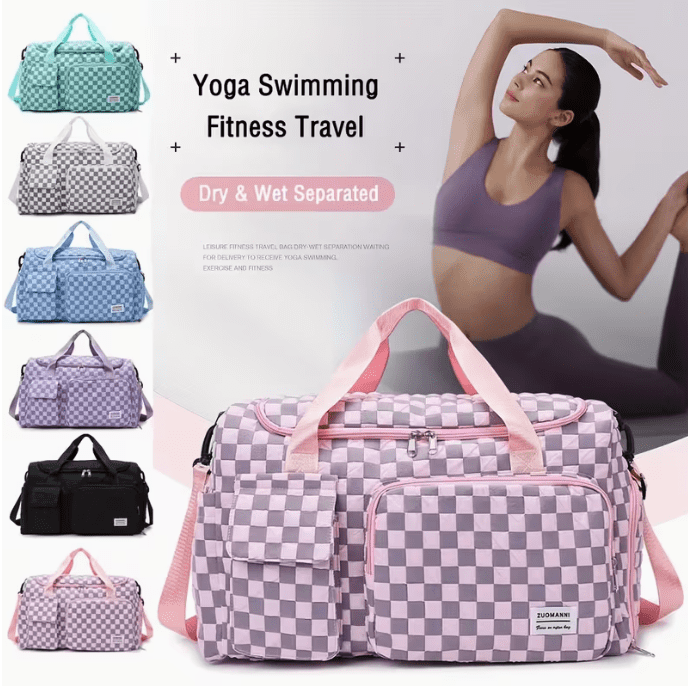 2pcs Checkered Travel Duffel Bag with Makeup Bag for Women Foldable Gym Bag Carry On Weekender Bag with Shoe Compartment,Detachable Straps For Travel, Business And Fitness