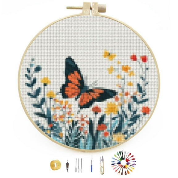 DIY Stamped Cross Stitch Kits Butterfly and Colorful Wild Flowers Easy for Beginners with Hoop 11CT Counted Embroidery Needlepoint Crafts Arts for Handmade Enthusiasts and Home Decor 30x30cm(4)