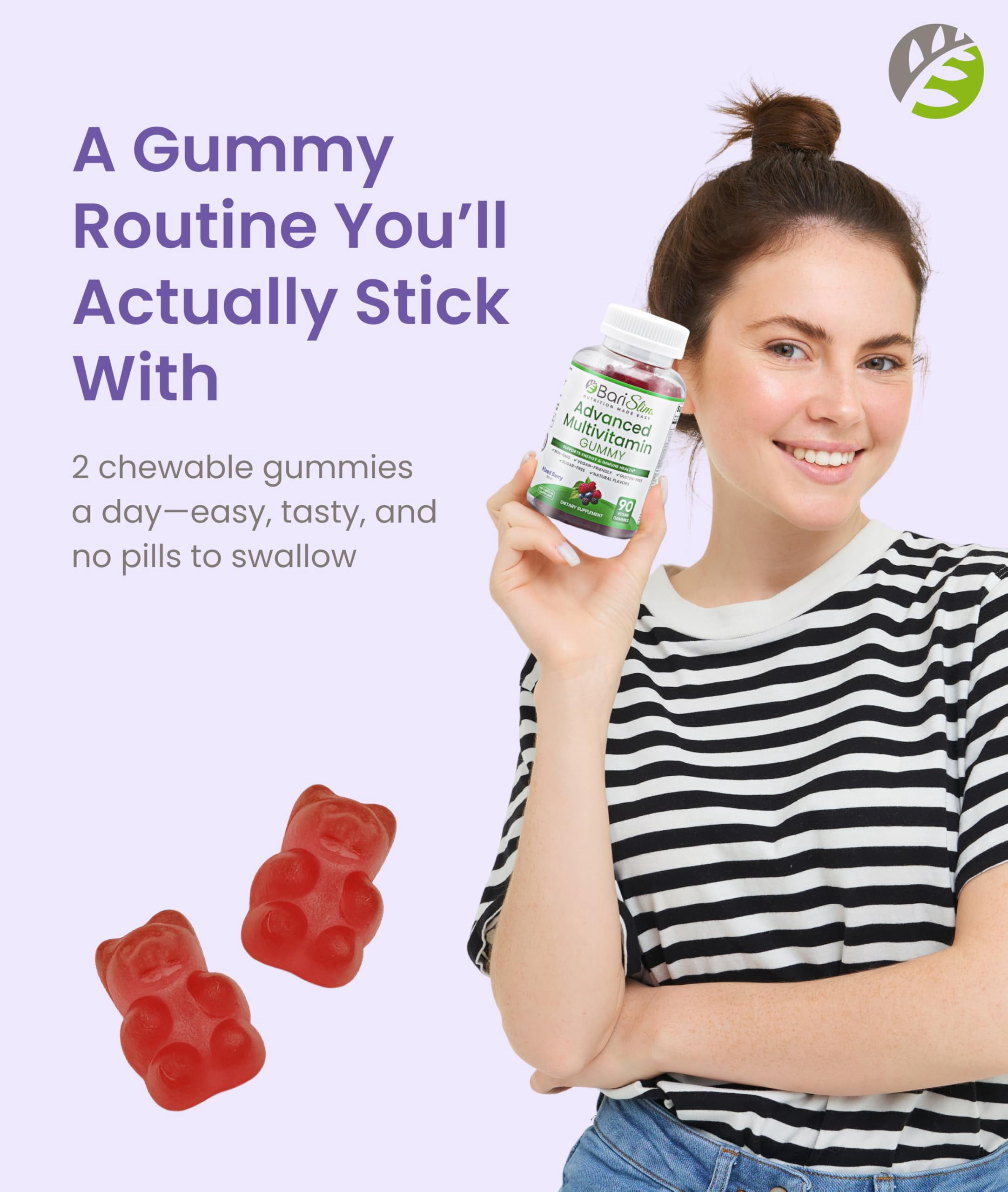 BariSlim  Advanced Bariatric Multivitamin Gummies for Energy & Immune  Support, Mixed Berry Flavor, 90 Count, 10.6 oz, Adult