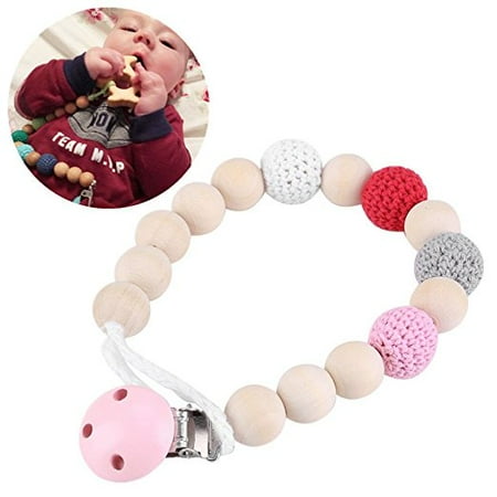 Pacifier Clip Chain,Infant Pacifier Holder Crochet Wooden Beads Chain Safe Eco-friendly Teething Pacifier Holder(pink)