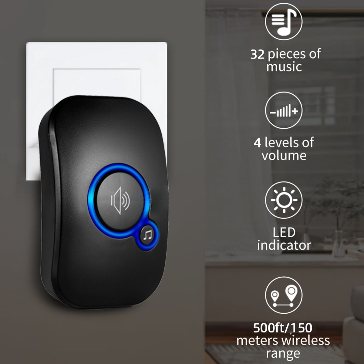 Long-range Smart Home Doorbell: 2-in-1 Design, 32 Melodies, 4 Volume Levels, LED Flash, Plug-and-Play, No Wiring, Black