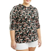 Juniors' Plus Size Long Sleeve Floral Peached Hoodie with Contrast Taping