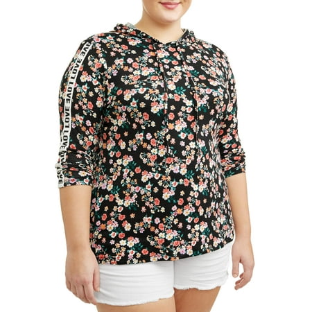 Juniors' Plus Size Long Sleeve Floral Peached Hoodie with Contrast Taping