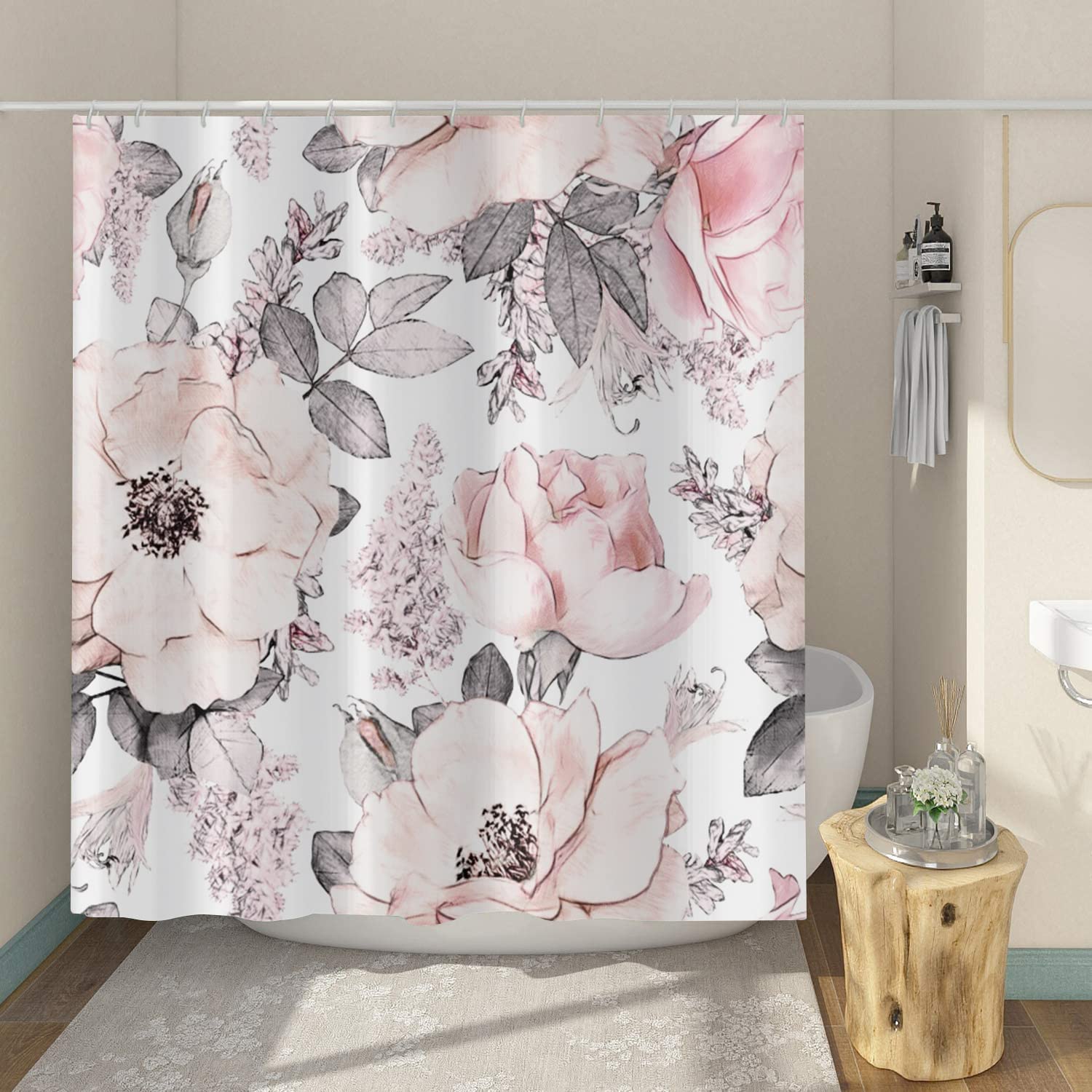 Pink Floral Shower Curtain, Pink and Grey Watercolor Rose Blossom Ink Painting Art Bathroom Curtain for Spring Bathtub Home Decor Waterproof Fabric Machine Washable with 12 Hooks - image 3 of 6