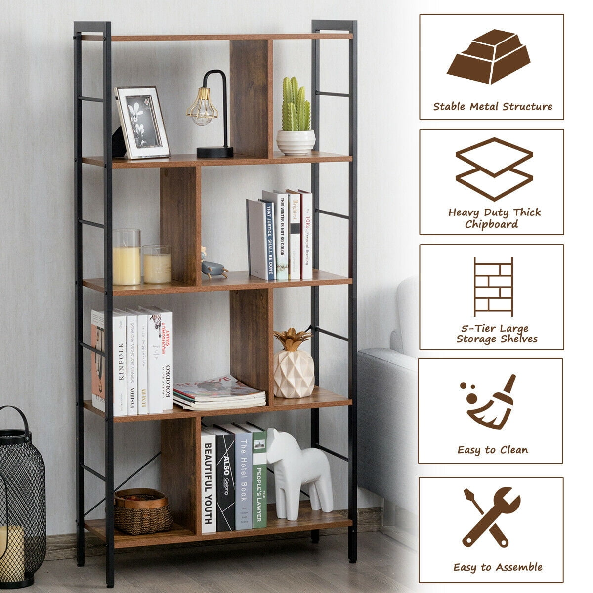 Gymax 4 Tier Bookcase, Brown/Black