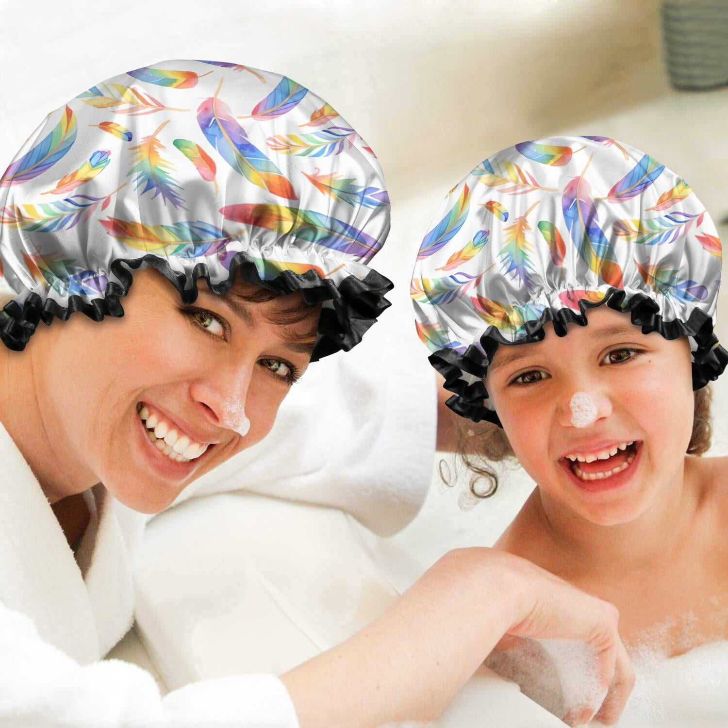 Shower Caps,Rainbow Watercolor Feather Pattern Waterproof Shower Cap for Women 4 Pieces,Double Reusable Hair Cover for Shower PEVA Elastic Stretch Hem