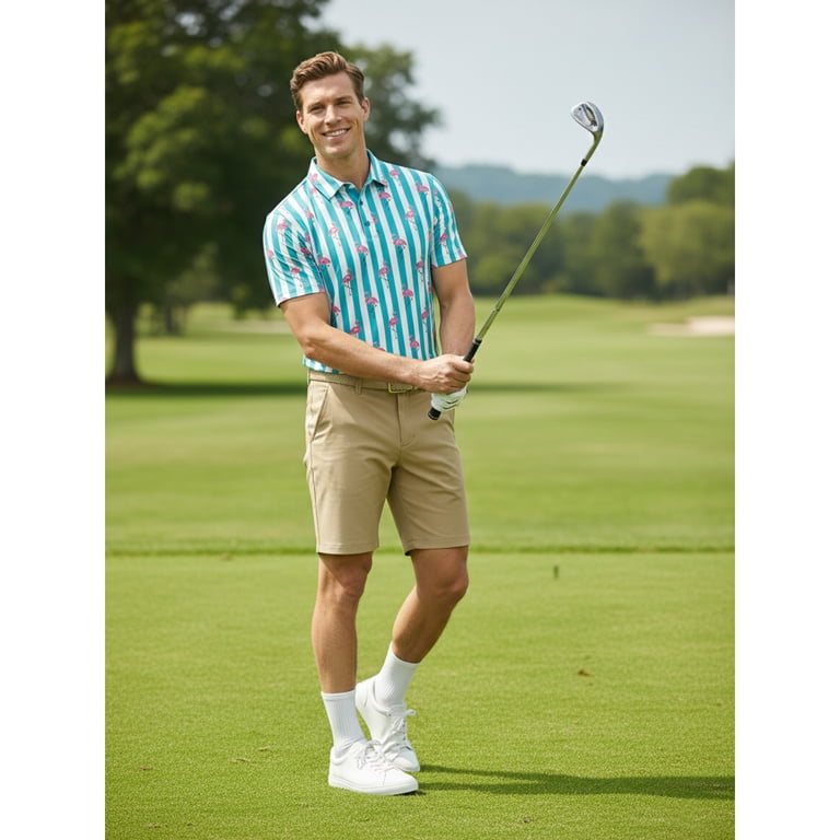 Birdie Bound Men's Flamingo & Stripes Golf Polo photo 5