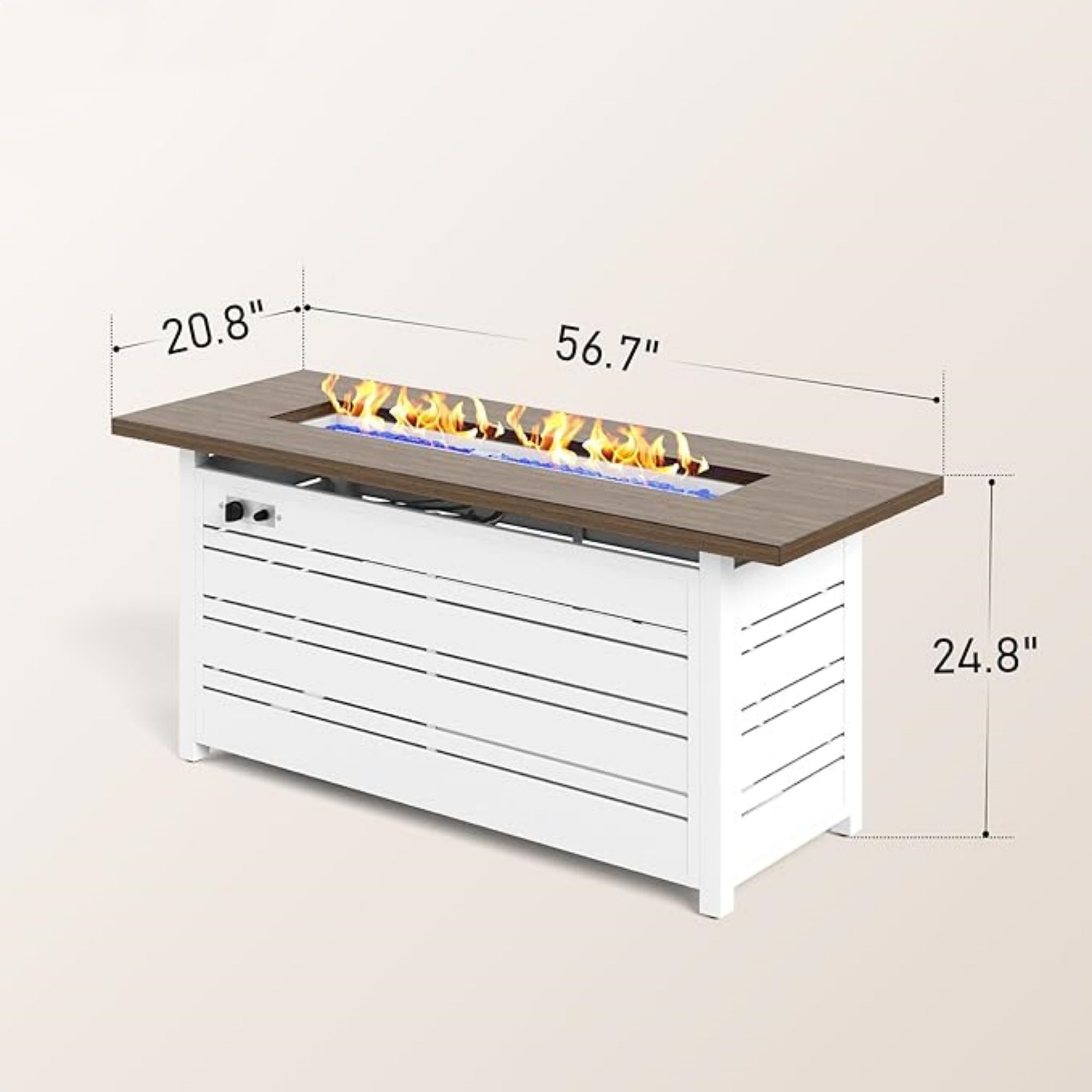 SUMMIT LIVING 56" Rectangular Propane Fire Pit Table, 50,000 BTU Gas Fire Pit with Lid and Blue Fire Glass, White