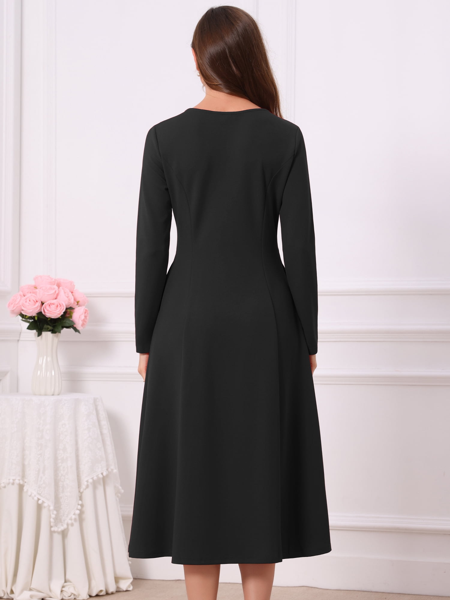 DARING DIVA Women's Long Sleeve Formal Crewneck A-Line Maxi Dress S Black