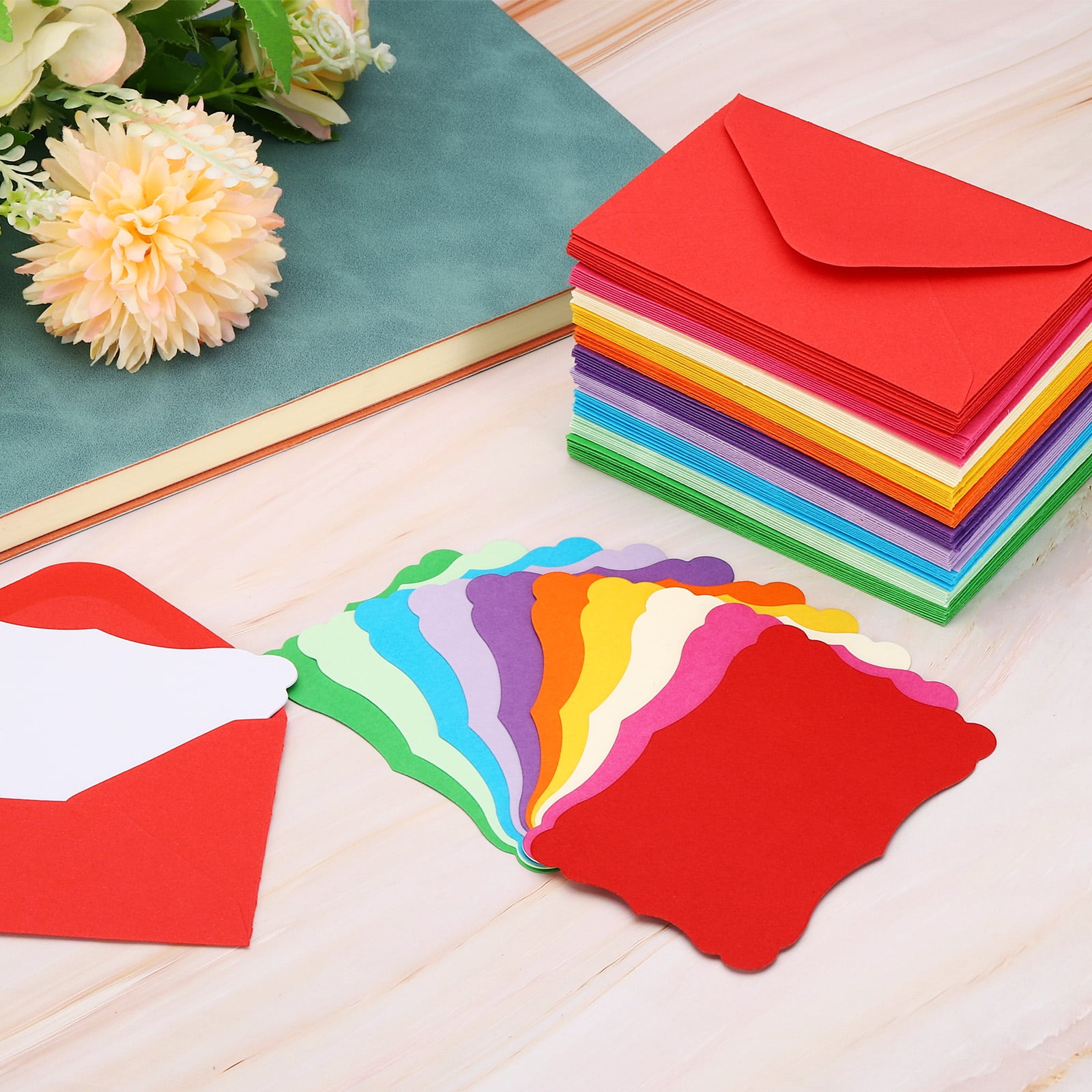 3.7"x2.4" Mini Envelopes with Blank Paper Business Cards, 200 Pack Small Index Flash Cards Words, Colorful