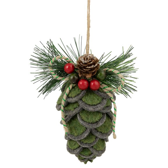 Northlight 6" Green Felt Pine Cone with Berries Christmas Ornament