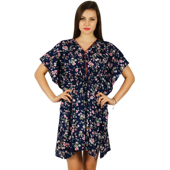 Bimba Womens Short Cotton Kaftan Blue Floral Printed Caftan Sleepwear Beach wear
