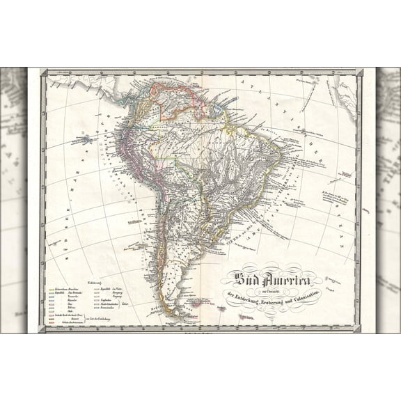 24"x36" Gallery Poster, 1855 Spruner Map of South America - Overview of Discovery, Conquest and Colonization