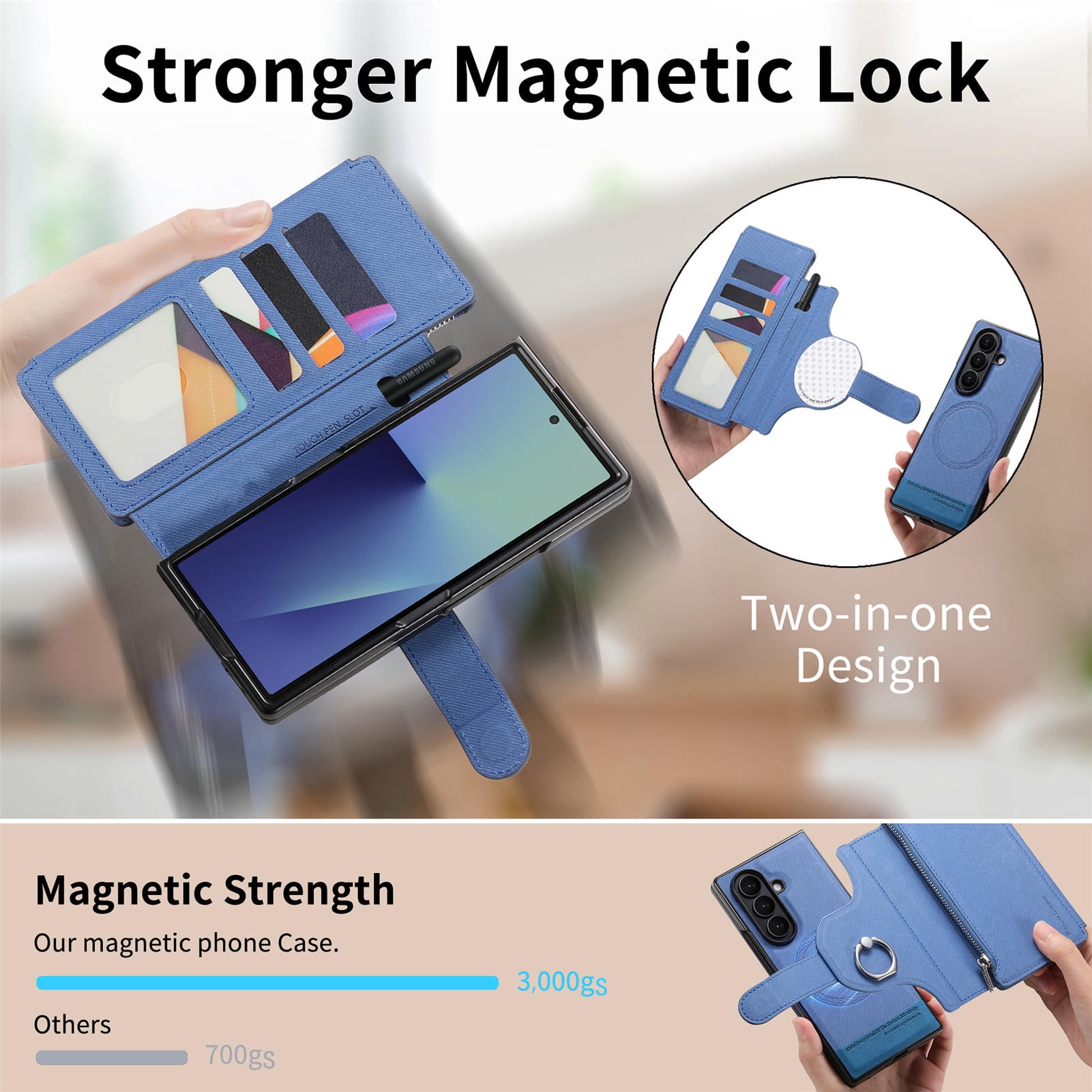 Allytechgroup for Samsung Galaxy Z Fold 3 Flip Case, Support Wireless Charging Anti-Scratch Built-in Grip Ring Shock-Absorbent PU Leather Protective Cover for Samsung Galaxy Z Fold 3, Blue