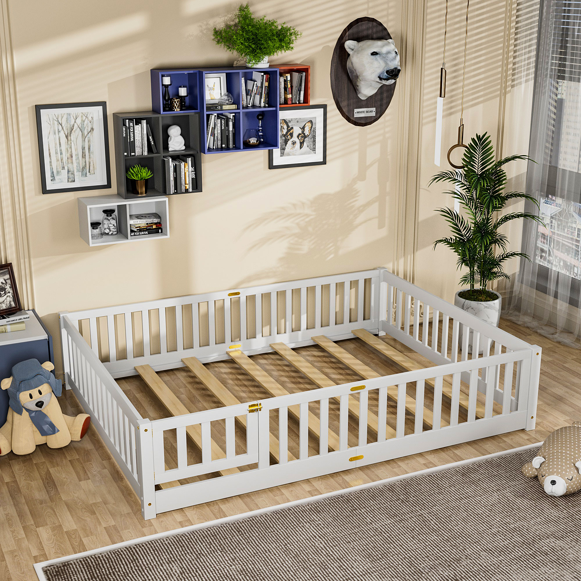Miniyam Queen Size Toddler Floor Bed with Fence, White