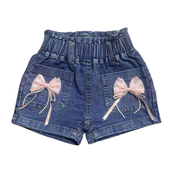 Girls Denim Shorts High Waisted with Bow Back, Elastic Waist Comfort Play Shorts for Kids Little Kids,Size 2-3T