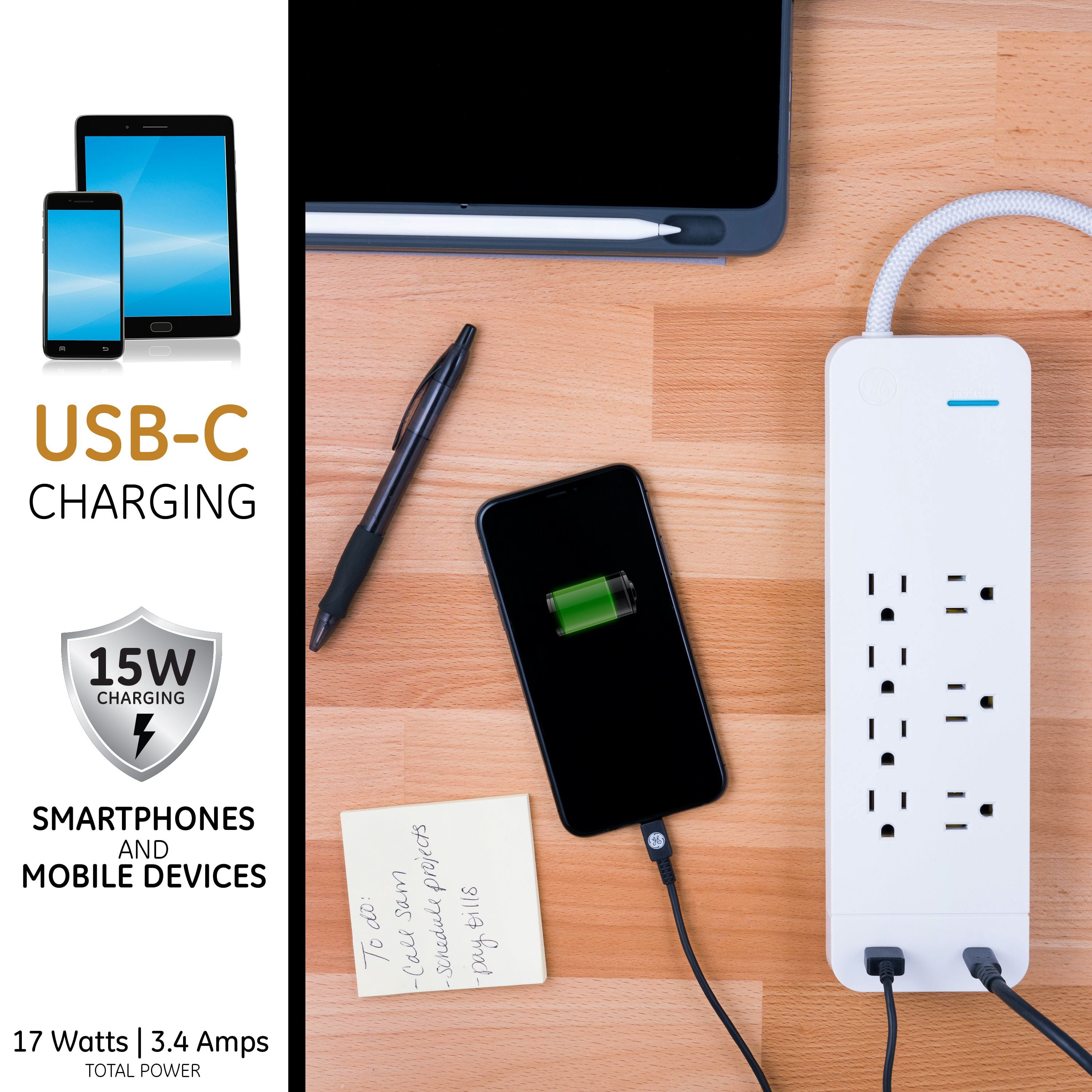 GE UltraPro 7 Outlet 1 USB & USB-C Surge Protector, 4 ft Cord, White, 41355
