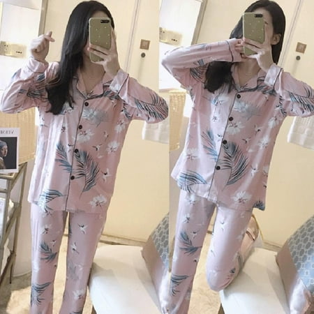 

[Brand Clearance!]Fashion Leaf Print Loose Casual Suit Home Service Button Cardigan Suit Pajamas Two-piece