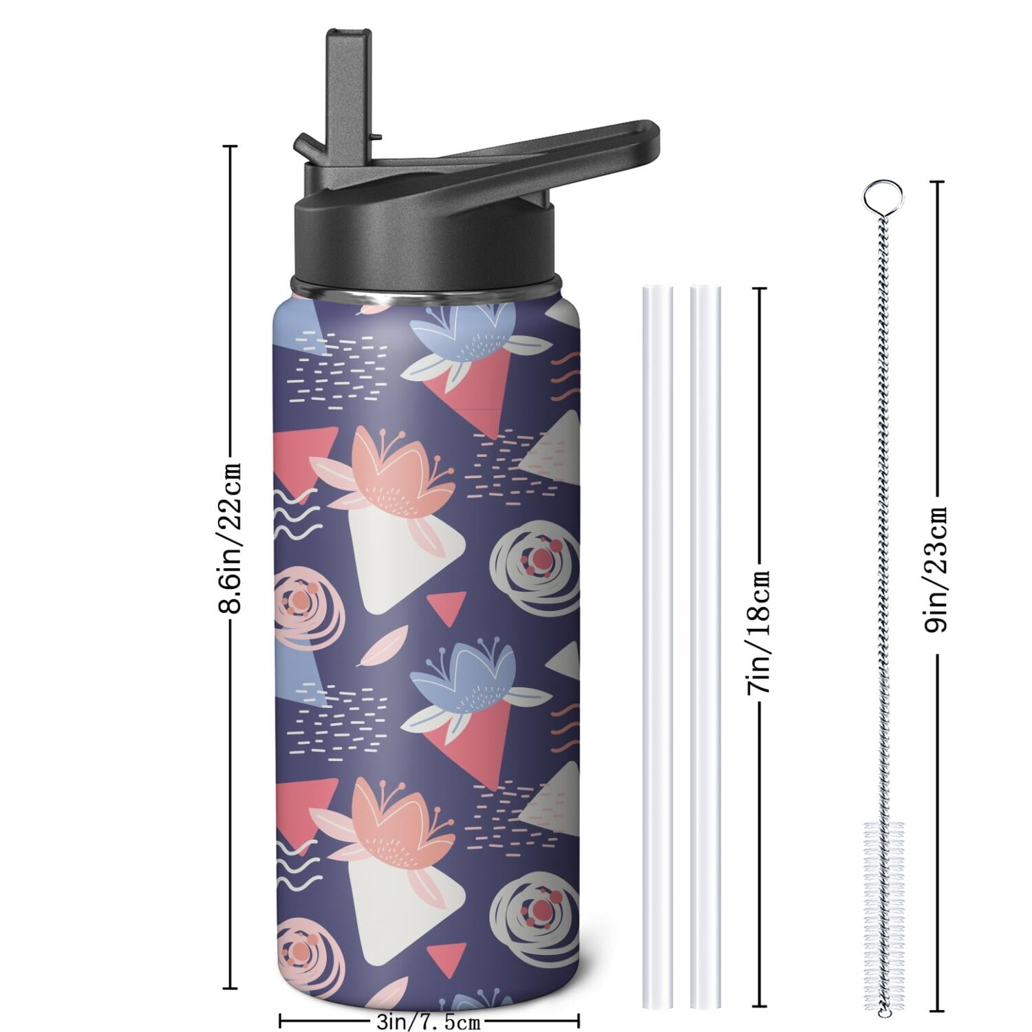 Modern 18 oz Insulated Stainless Steel Water Bottle with Straw & Cleaning Brush , Leakproof, BPA-Free, 304 Stainless Steel, Wide Mouth, Travel Mug for Car, Gym, Office