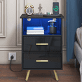 thumbnail image 2 of LED Nightstand with Charging Station, Wood Side Table with Drawers, Modern Black High Gloss Nightstand for Bedroom, End Side Table for Living Room, Black, 2 of 10