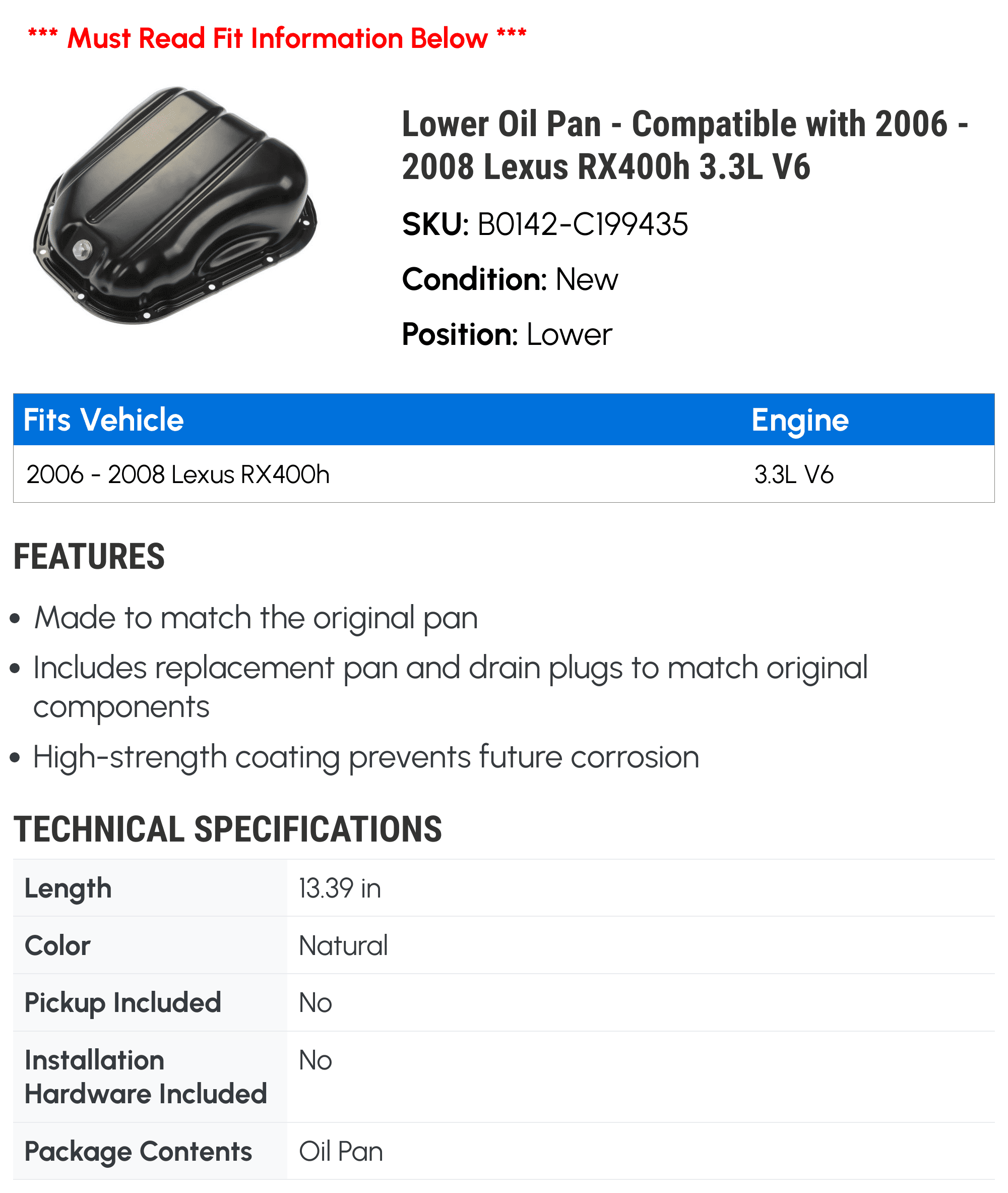 Lower Oil Pan - Compatible with 2006 - 2008 Lexus RX400h 3.3L V6 - Dorman