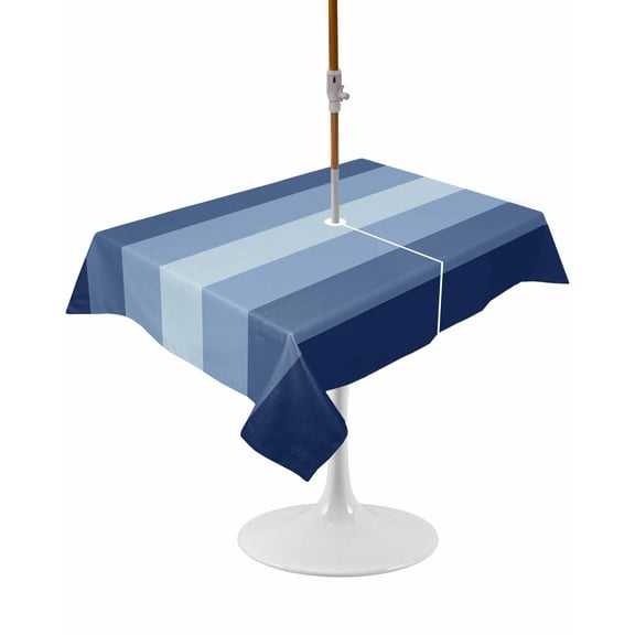 Outdoor Table Cloth with Umbrella Hole and Zipper, Navy Blue Ombre Waterproof Rectangle Tablecloth 60"x102", Gradient Navy Blue Woods Farmhouse Washable Table Cover for Outside Party Patio Picnic