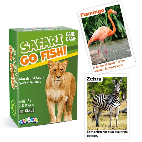 BenBen Go Fish Card Game for Kids 3 , 104 Cards, Jumbo Size, Safari Animal Learning Playing Cards