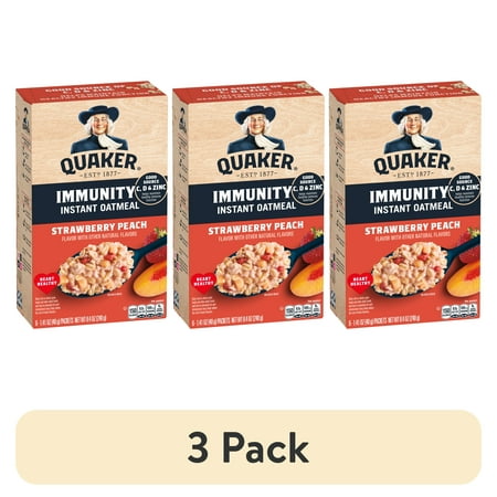 (3 pack) Quaker Immunity Instant Oatmeal, Strawberry Peach, Good Source of Vitamins C, D, & Zinc, Whole Grains, 1.41 oz packets, (6 Pack)