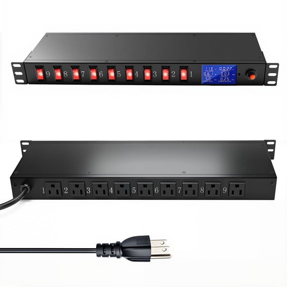 ZHANGONG 9 Outlets Rack Mount Power Strip with Individual Switches, Digital Display, 15A 1875W 1U PDU, Overload Protection, 6.5FT Cord