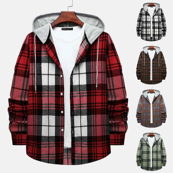 Miluxas Hooded Flannel Shirt for Men Plaid Shirts Long Sleeve Flannel Jacket Button-Down Shirt Jacket with Hood Red