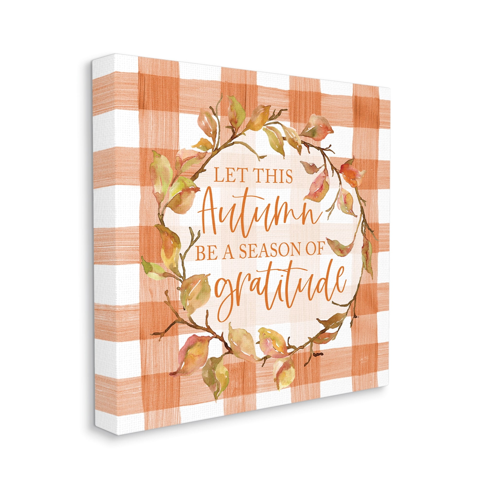 Season Of Gratitude Autumnal Country Plaid Leaf Border Botanical & Floral Graphic Art Gallery-Wrapped Canvas Print Wall Art