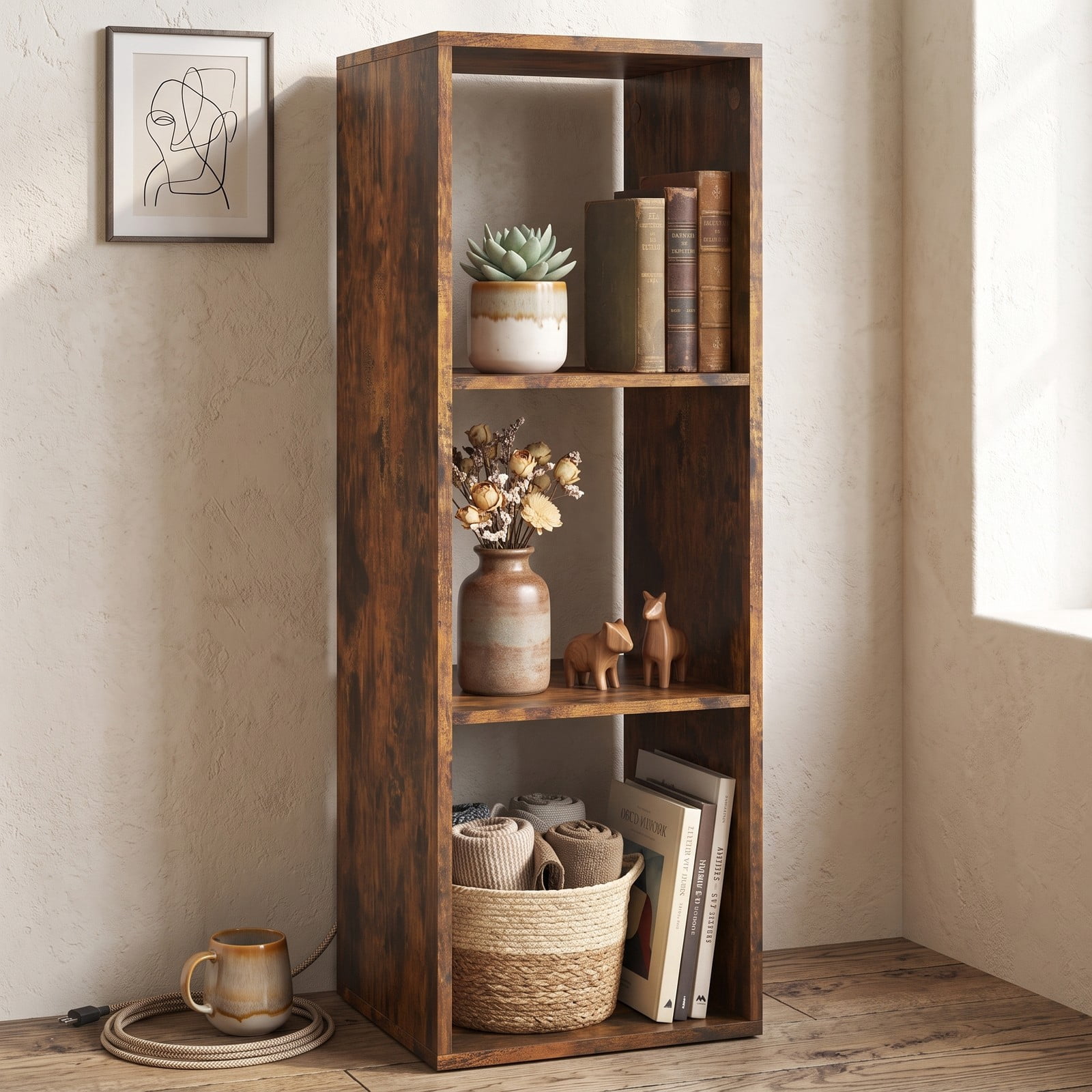 Furnibear 3 Cube Bookshelf with Back Guardrail, Engineered Wood Cube Storage Organizer Bookcase Display Shelf for Living Room Bedroom Home Office with, Brown