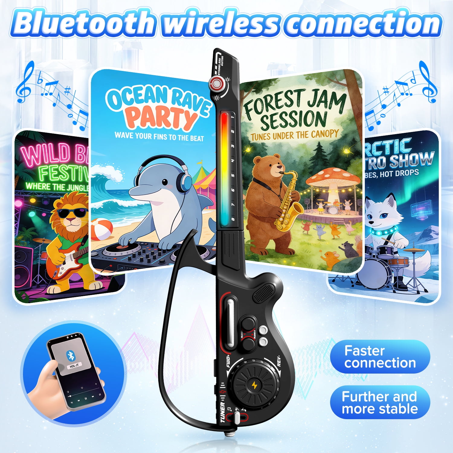 Freecat  Kids Toy Guitar for Toddlers Ages 3 4 5 6 Years, Cool Black Toy Guitar Set with DJ and Bluetooth and Multiple Musical Effects, Christmas and Birthday Gift for Boys Girls.
