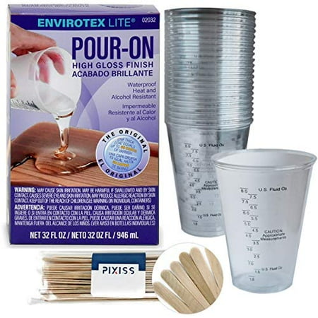 32 Ounce Stadium Cup - Envirotex Lite Pour-On 32-Ounce High Gloss Finish, 20x 10-Ounce Disposable Graduated Clear Plastic Cups for Mixing Paint, Stain, Epoxy, Resin, 20x 6-inch Pixiss Wood Mixing Sticks