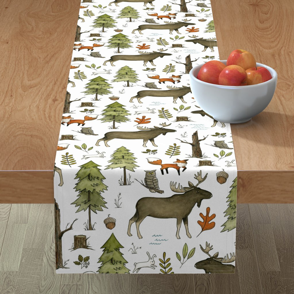 90 Cotton Sateen Table Runner Multi Moose Blue Small Scale Rustic Woods Colleciton Woodland Winter Trendy Elk Print Custom Table Linens by Spoonflower