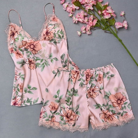 

Qcmgmg Women Loungewear Pajamas Set Two-piece Satin Pj Sets Sleepwear Cami Shorts Set Floral Pjs M