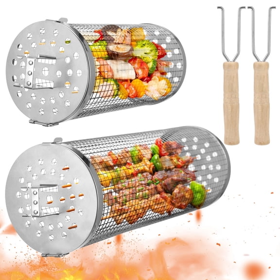 2 PCS Rolling Grill Baskets with Removable Wooden Handle, 2 Sizes Stainless Steel Nesting Grilling Net for BBQ Meat Vegetables Shrimp, Cylindrical Grill Basket Set for Outdoor Cooking Camping