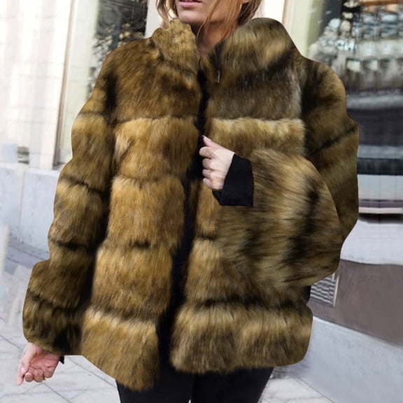 BiZtdJrK Women's Winter Parka Coat Long Sleeve Faux Fur Jacket Fluffy Fleece Cardigans Solid Color Quilted Jacket Overcoat Fall Savings Brown S