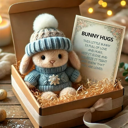 Mini Bunny Hug Cute Easter Gift,Mini Easter Basket Stuffers,Bunny Stuffed Animal Sets For Teen Funny Easter Egg Things,Gift For Teachers, Friends - Includes Box And Card