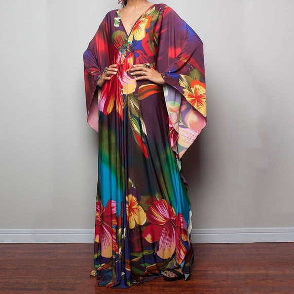 Heisall Swimsuit Cover ups Plus Size Caftans Beach Cover Up Maxi Beach Dress Vneck Batwing Sleeve Kaftan Dresses for Women