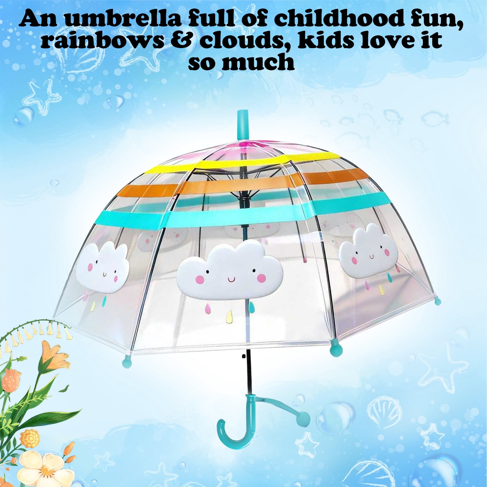 2 Pcs Kids Clear Bubble Umbrella, Unicorn Pattern with Easy Grip Curved Handle, Safe Transparent Umbrella for Toddler Girls