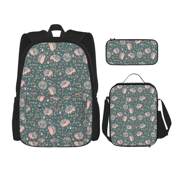 Easygdp Hedgehogs and Flowers Mochila para Niños y Niñas con Set de Caja de Almuerzo y Estuche para Lápices 3 en 1, Mochila Escolar Estampada para Adolescentes