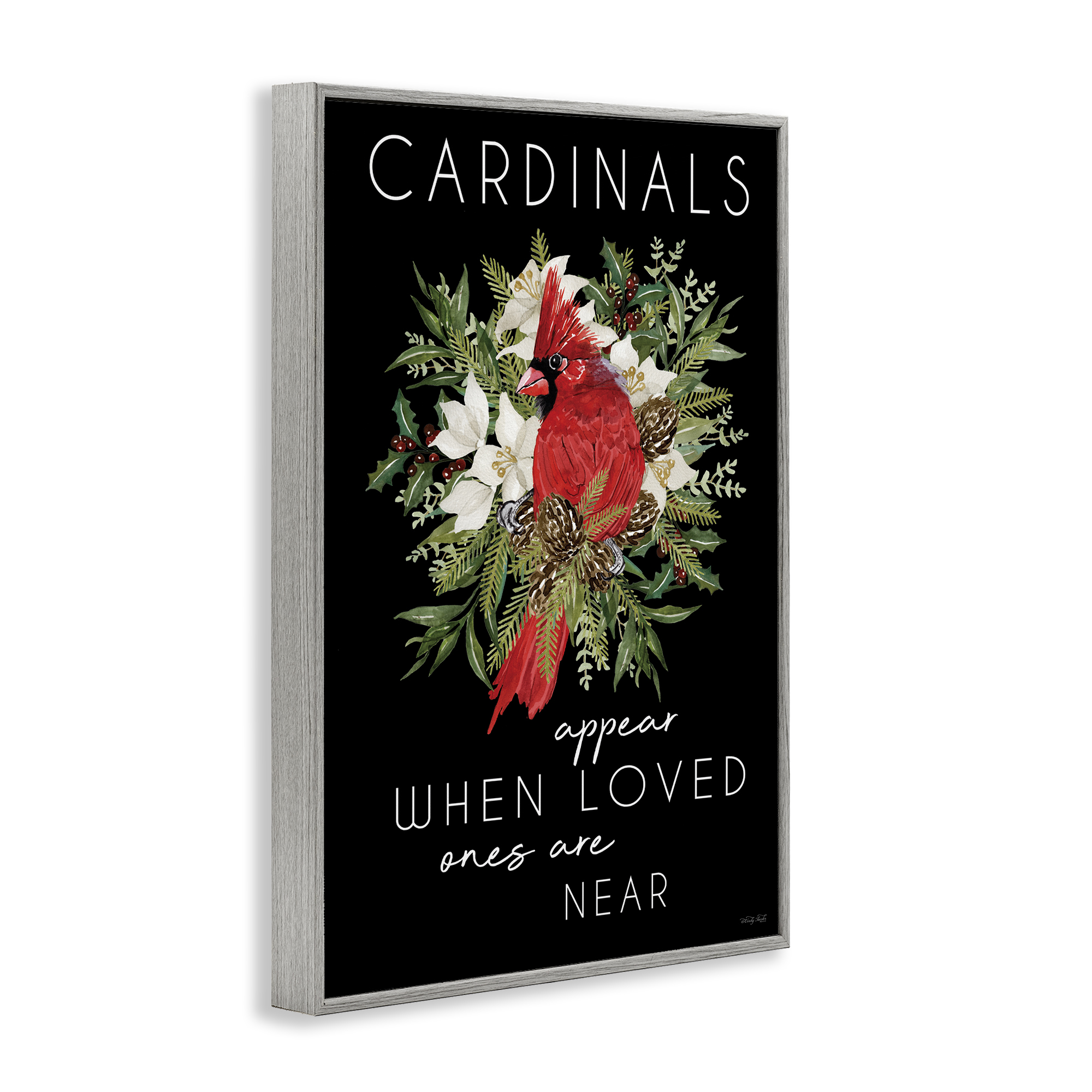 Cardinals Appear Seasonal Sentiment Gray Framed Giclee Art, design by Cindy Jacobs