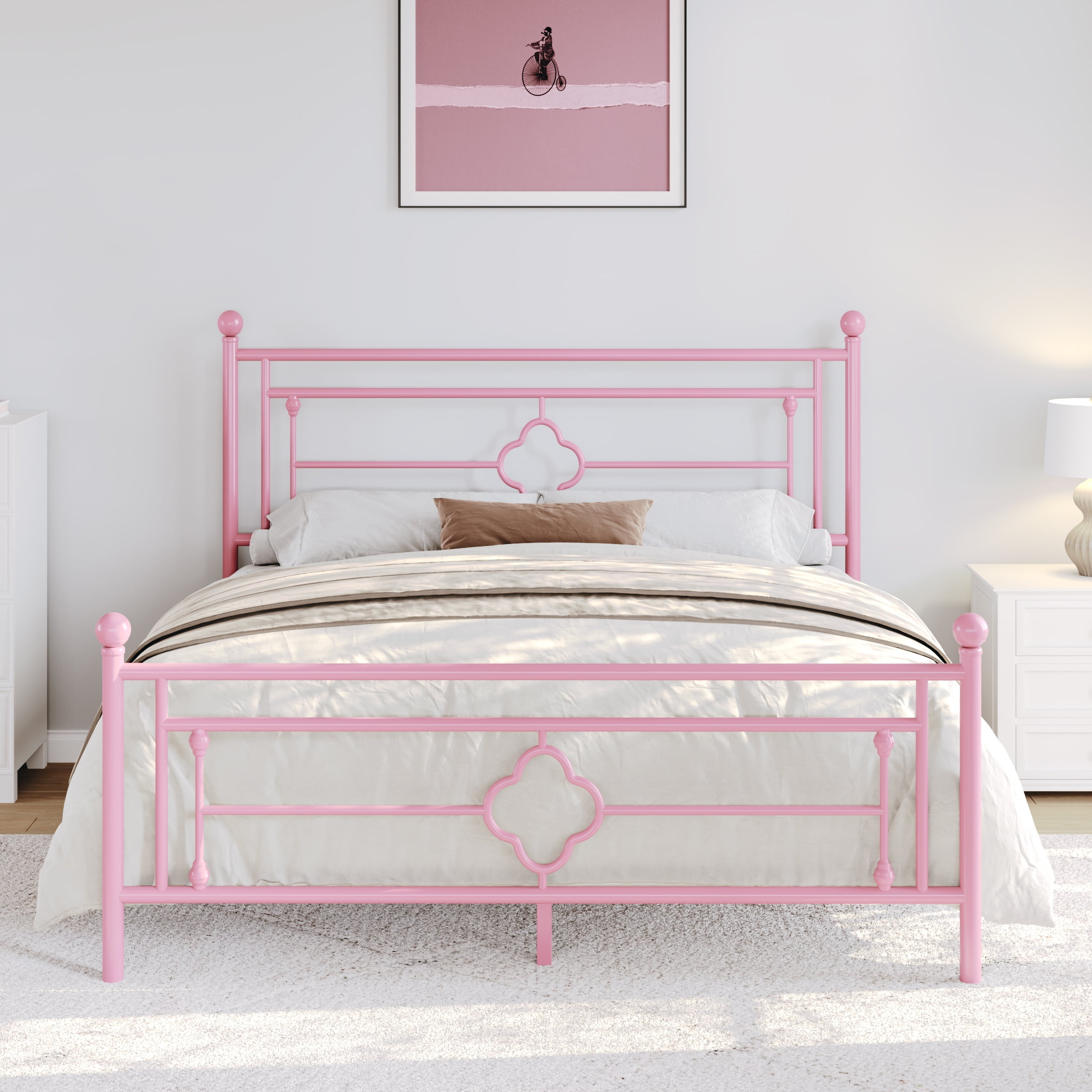 Sha Cerlin Pink Queen Size Metal Platform Bed Frame with Victorian Vintage Headboard